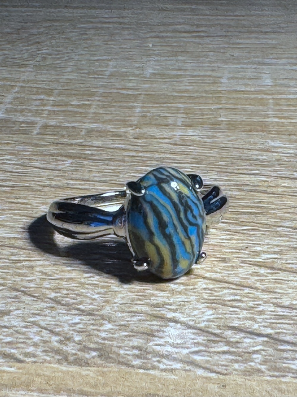 Oval Multicolor Stripe Gemstone Silver Tone Prong Setting Ring